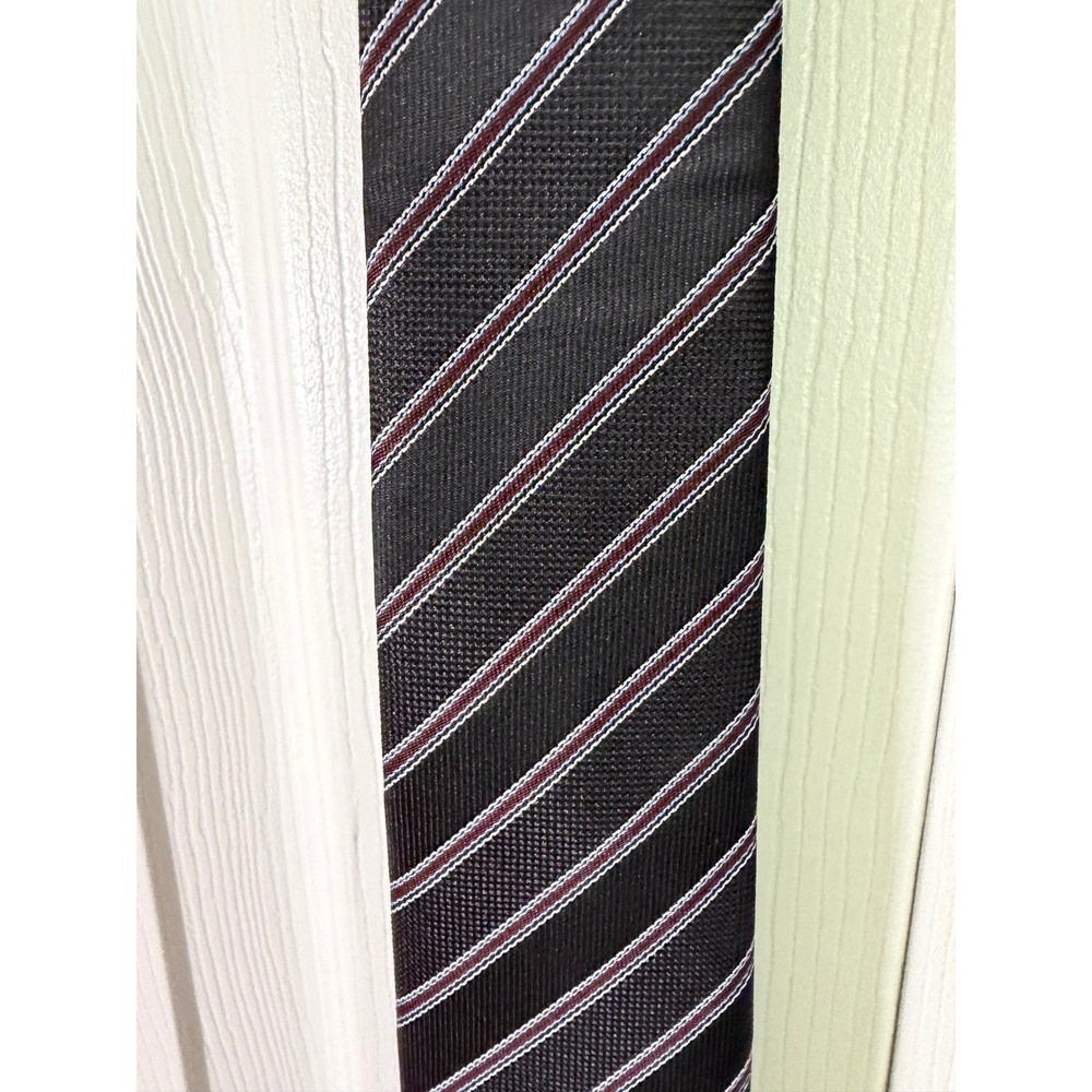 WeiShang Mens Silk Necktie Black Burgundy White Diagonal‎ Stripe Handmade Tie